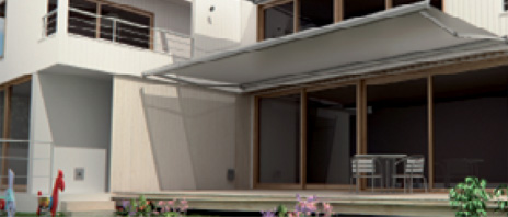 An image showing gun metal grey awnings on a residential building