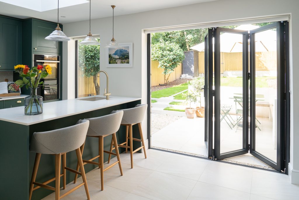 Bi-fold door blind in a spacious, modern kitchen