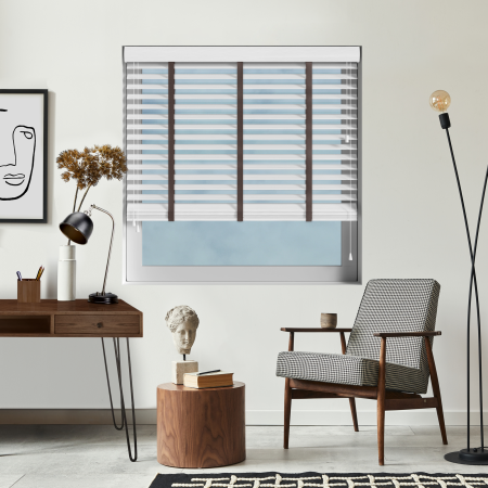 Alina Faux Wood with Coffee Tape Wood Venetian Blinds Open