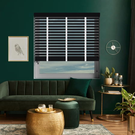 Carbon with Cotton Tape Wood Venetian Blinds Open