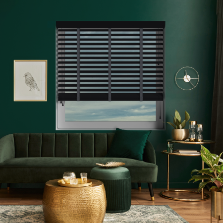 Carbon with Dusk Tape Wood Venetian Blinds Open