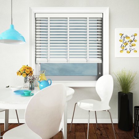 Glacier White with Arctic Tape Wood Venetian Blinds Open