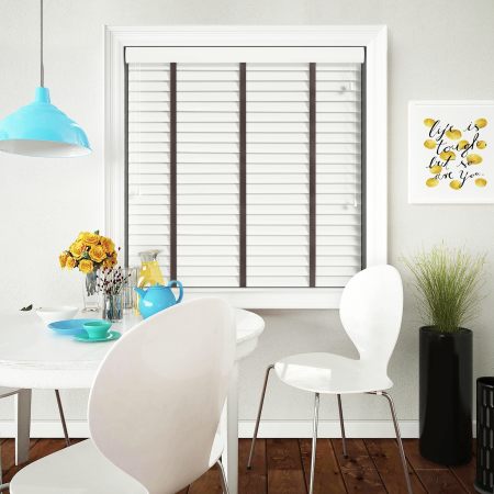 Glacier White with Coffee Tape Wood Venetian Blinds
