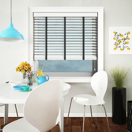 Glacier White with Smoke Tape Wood Venetian Blinds Open