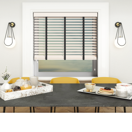 Gloss Pure White with Jet Tape Wood Venetian Blinds Open