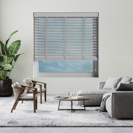 Kalm Faux Wood with Lunar Tape Wood Venetian Blinds Open