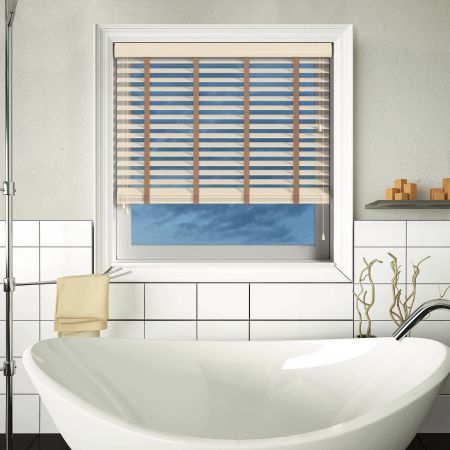 Linara Wood Grain Faux Wood with Toffee Tape Wood Venetian Blinds Open