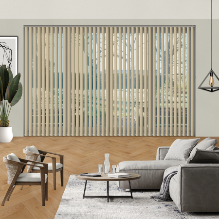 Luxe Biscotti Vertical Blinds Open