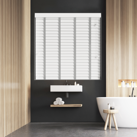 True White Faux Wood with Lunar Tape Wood Venetian Blinds