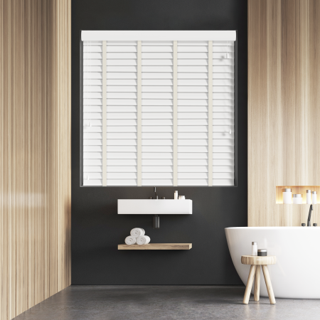 True White Faux Wood with Vanilla Tape Wood Venetian Blinds