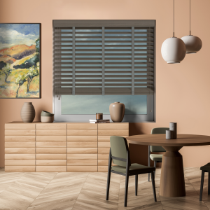 Claro with Gallant Tape Wood Venetian Blinds Open