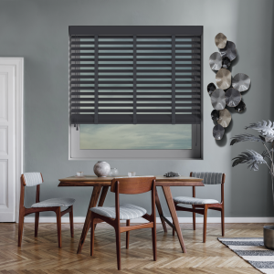 Empire with Dusk Tape Wood Venetian Blinds Open