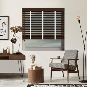 Fired Walnut with Cotton Tape Wood Venetian Blinds Open
