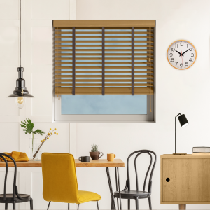 Tawny with Coffee Tape Wood Venetian Blinds Open