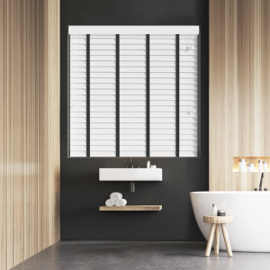 True White Faux Wood with Smoke Tape Wood Venetian Blinds